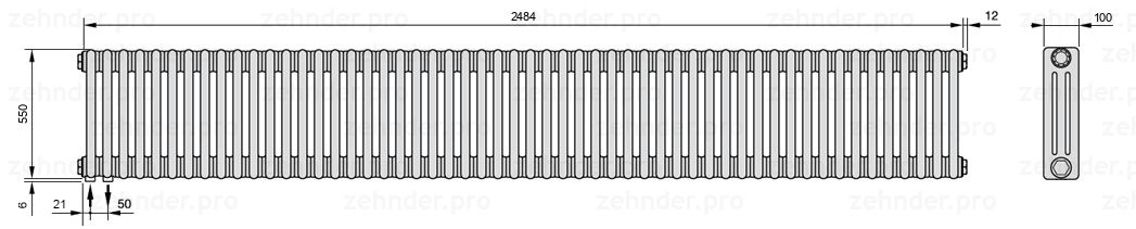 Схема (чертеж) Радиатор Zehnder Charleston 3055/54 №3370 Белый глянцевый RAL 9016